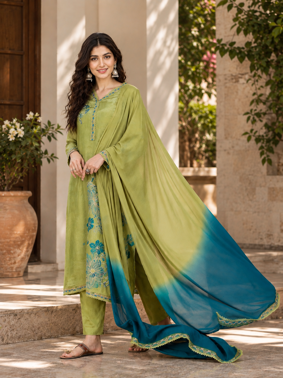 Women Green Silk Crepe Embroidery  Kurta set