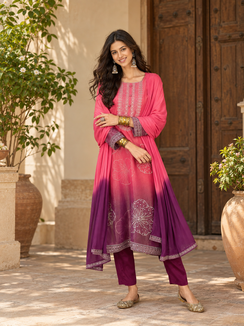Women Pink Silk Crepe Embroidery  Kurta set