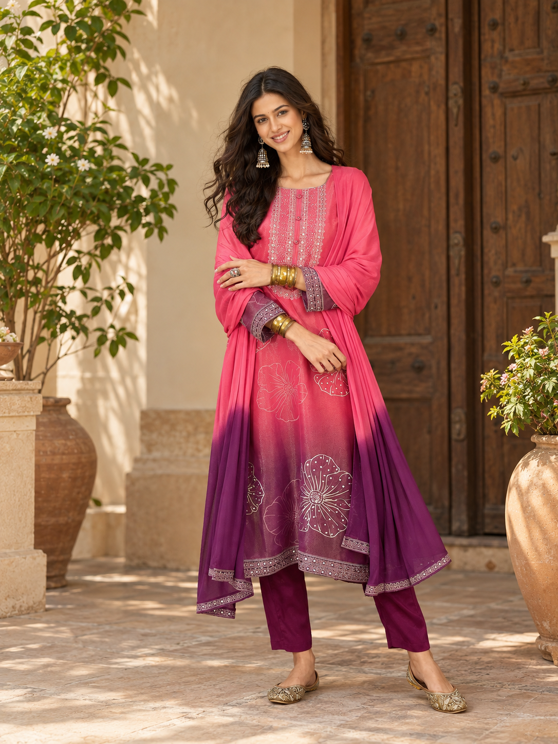 Women Pink Silk Crepe Embroidery  Kurta set