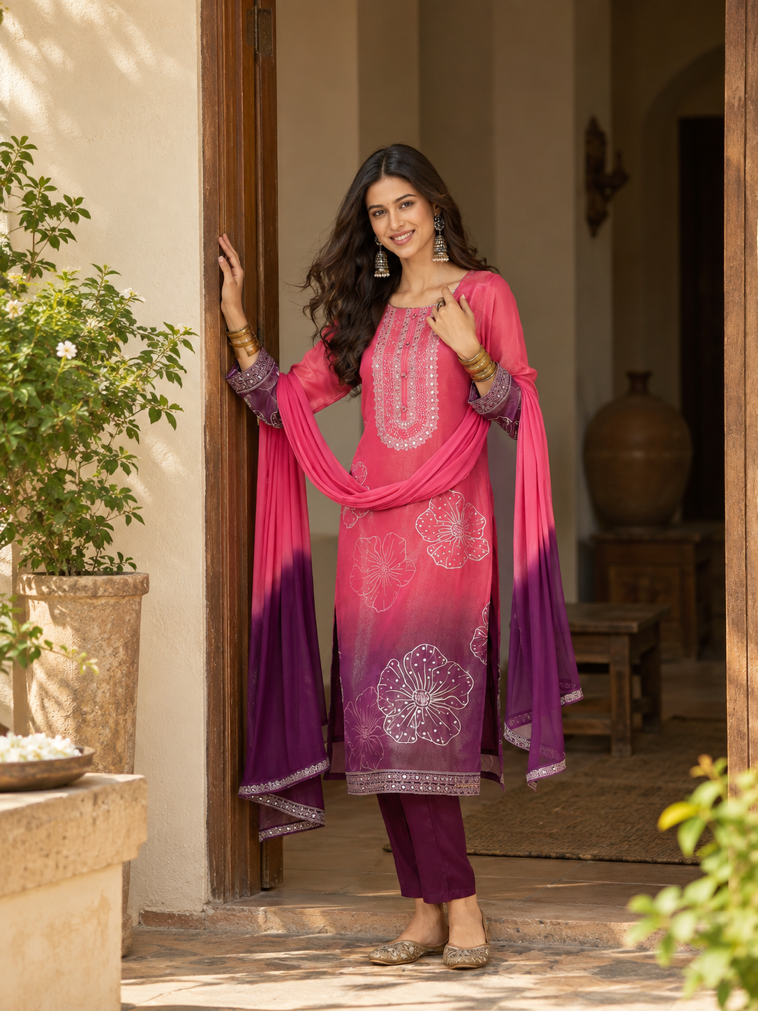 Women Pink Silk Crepe Embroidery  Kurta set