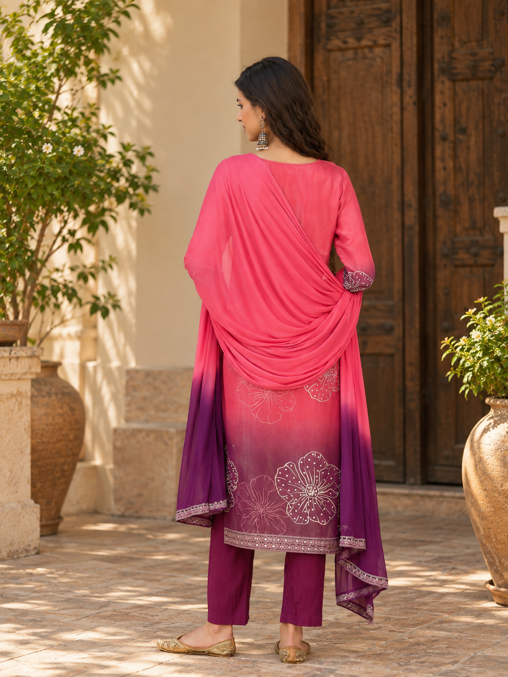 Women Pink Silk Crepe Embroidery  Kurta set