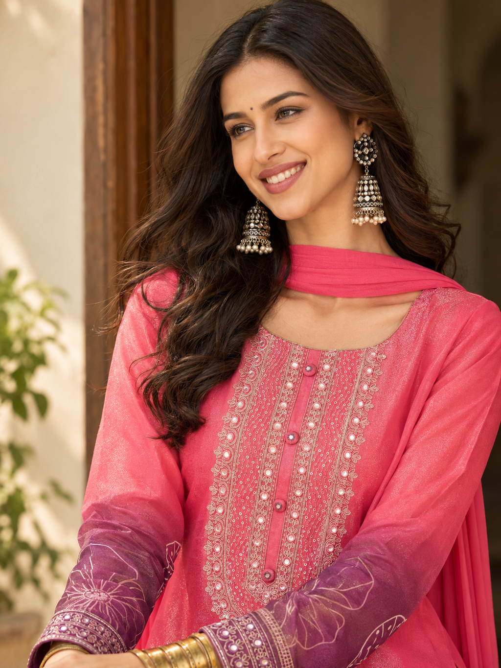 Women Pink Silk Crepe Embroidery  Kurta set