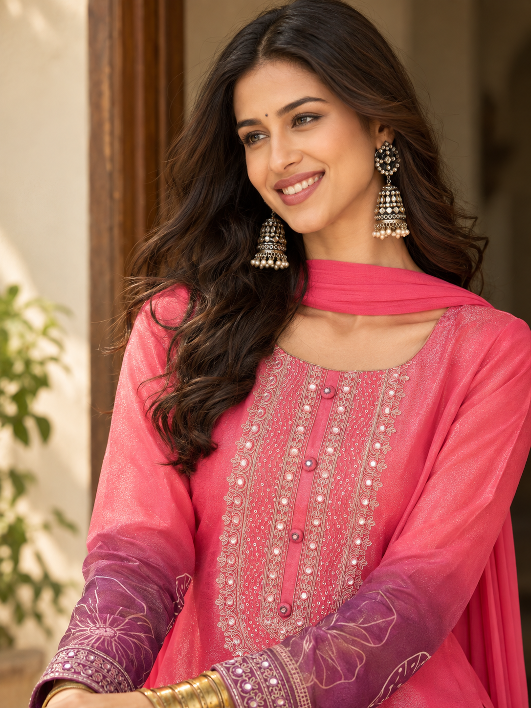 Women Pink Silk Crepe Embroidery  Kurta set