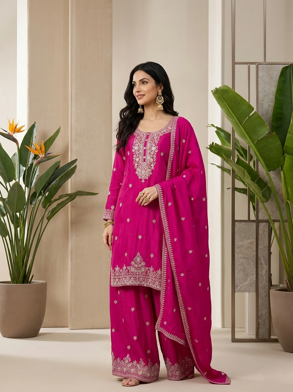 Women Chinon Silk Pink Stitched Embroidery  Kurta set with dupatta