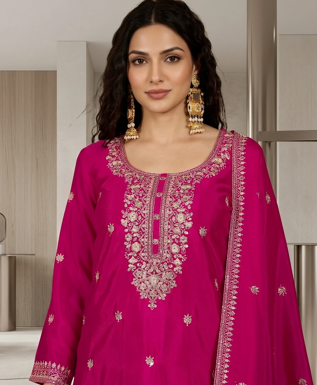 Women Chinon Silk Pink Stitched Embroidery  Kurta set with dupatta