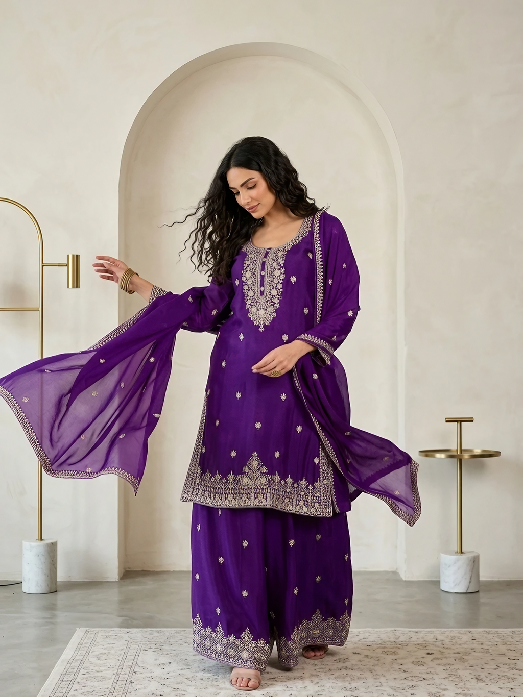 Women Chinon Silk Purple Stitched Embroidery  Kurta set with dupatta