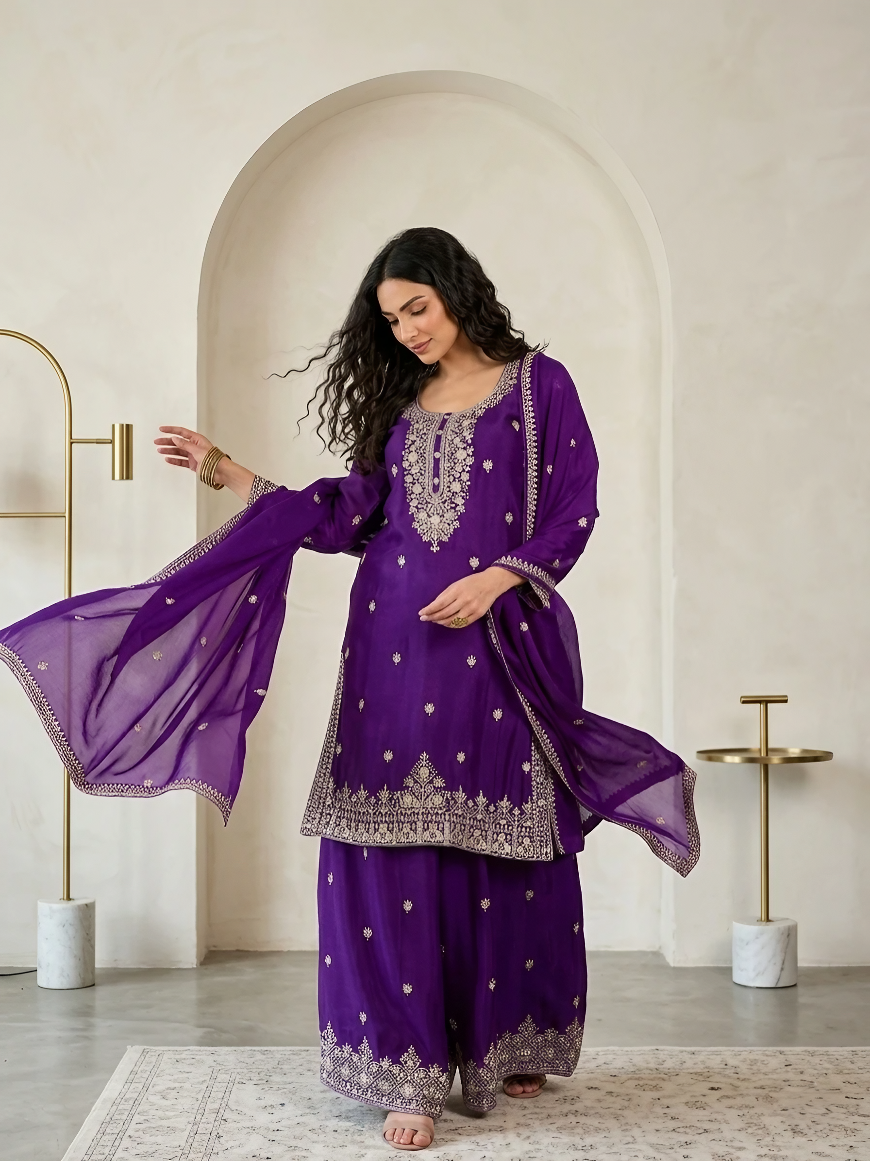 Women Chinon Silk Purple Stitched Embroidery  Kurta set with dupatta