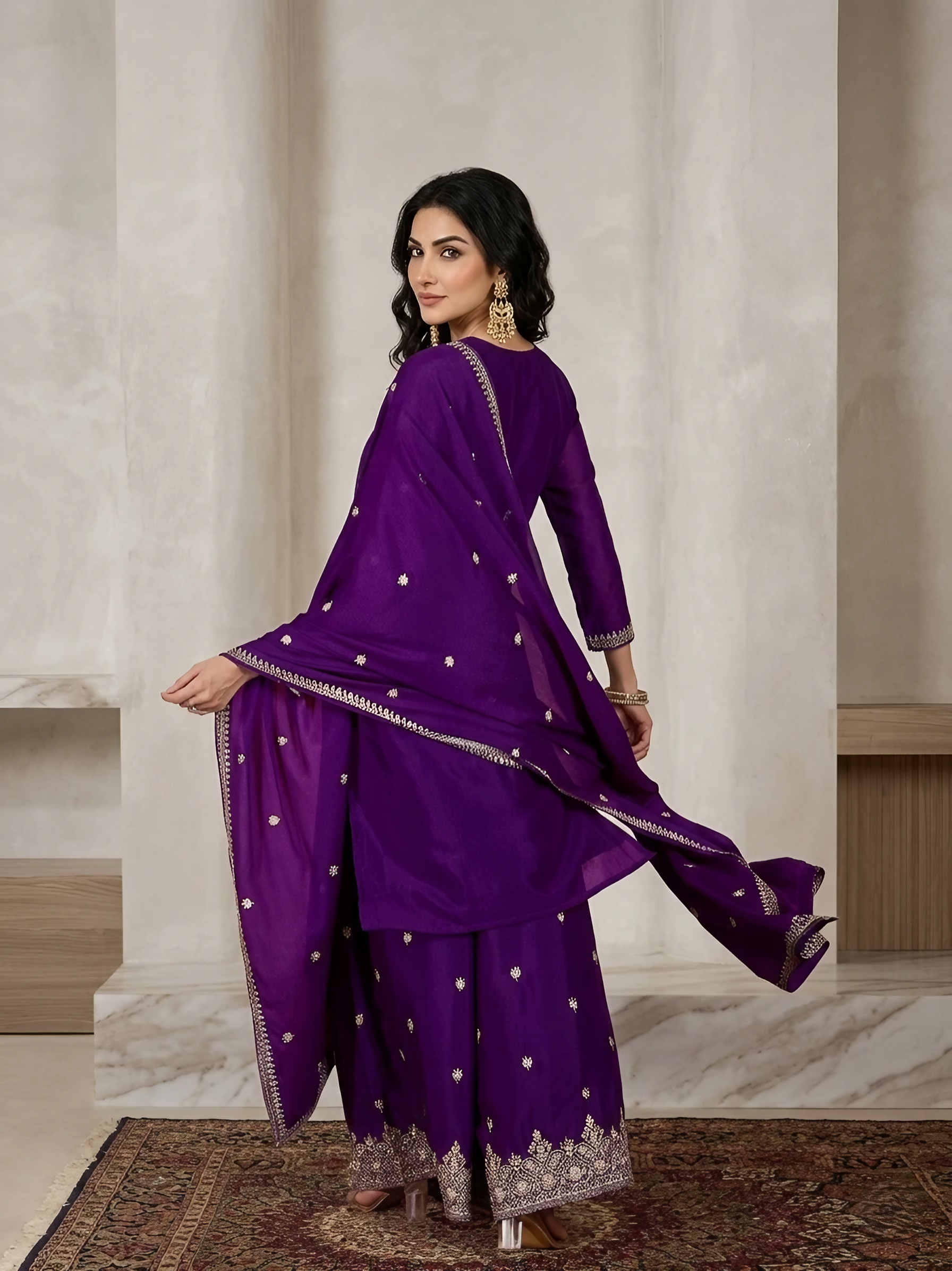 Women Chinon Silk Purple Stitched Embroidery  Kurta set with dupatta