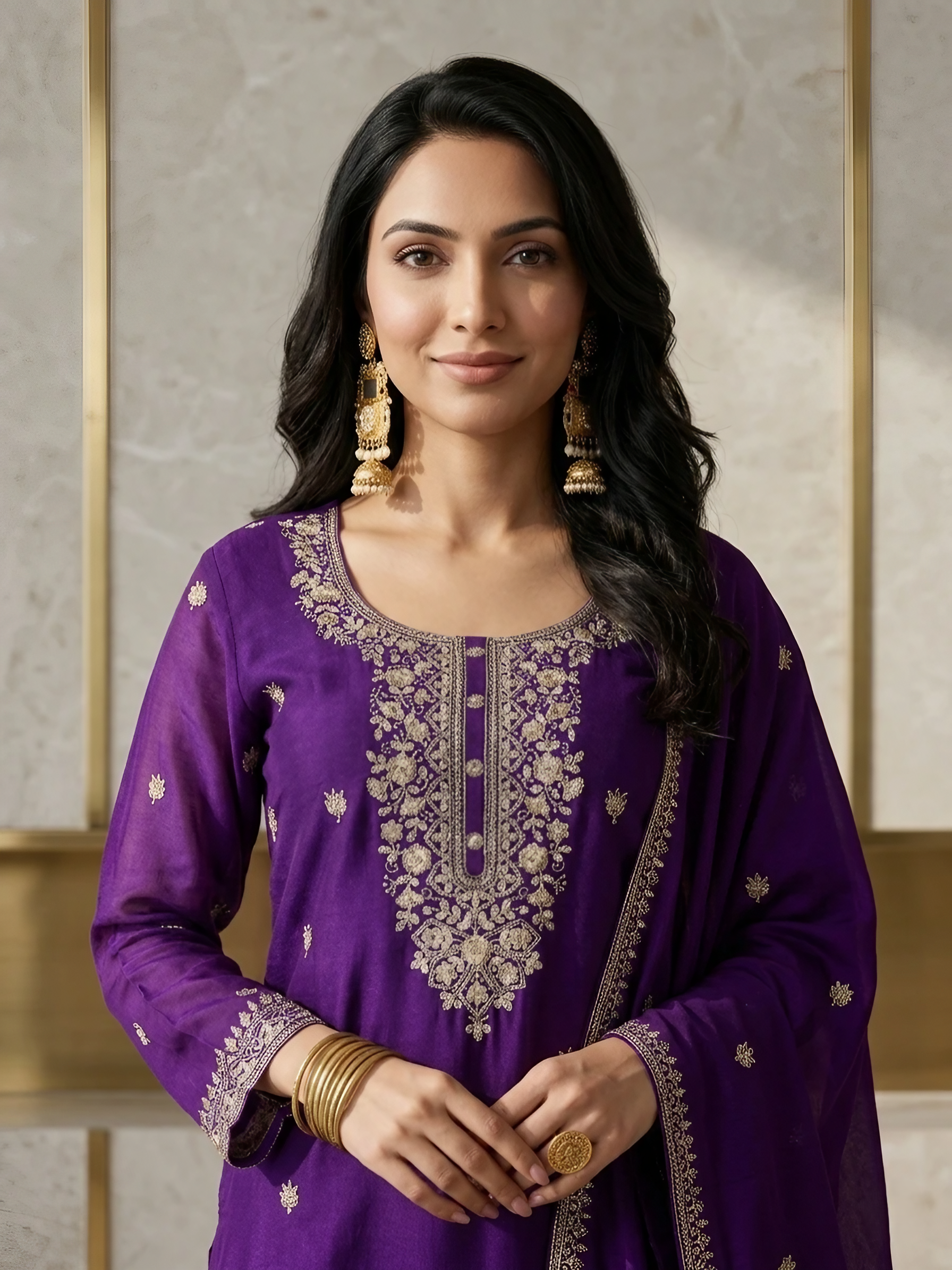 Women Chinon Silk Purple Stitched Embroidery  Kurta set with dupatta