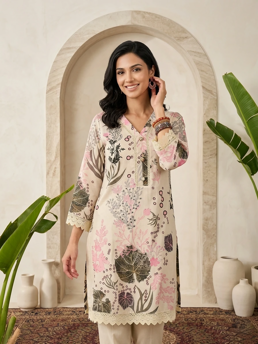 Women Pure Cotton Off White Printed Stitched Kurta pant set