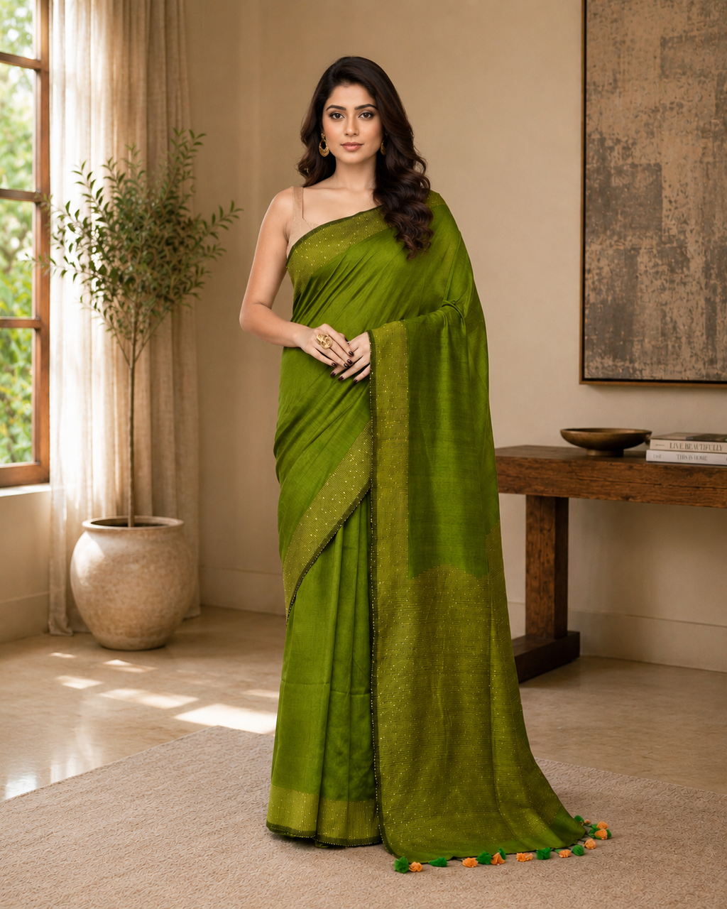 Women Cotton Apple Green Woven  Saree