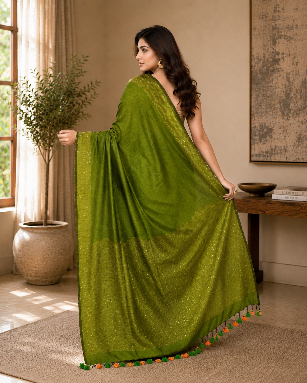 Women Cotton Apple Green Woven  Saree