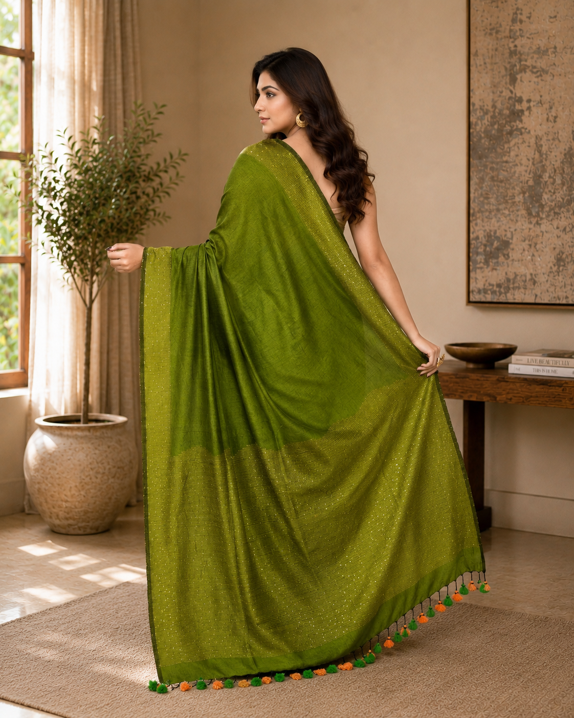 Women Cotton Apple Green Woven  Saree