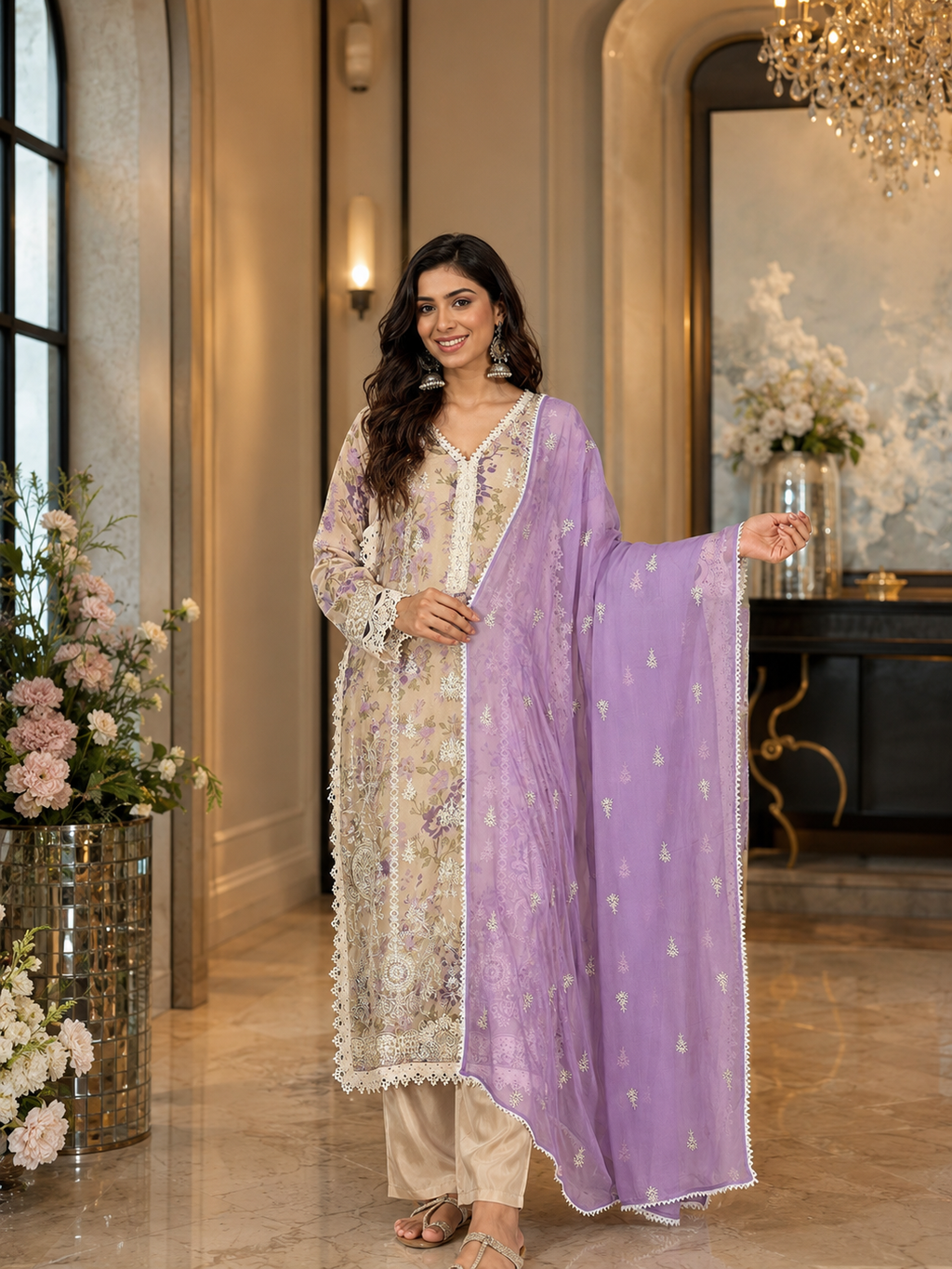 Women's Organza Beige Kurta Set