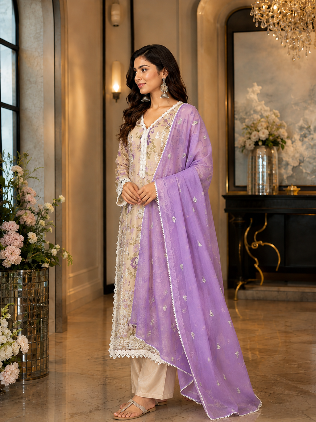 Women's Organza Beige Kurta Set