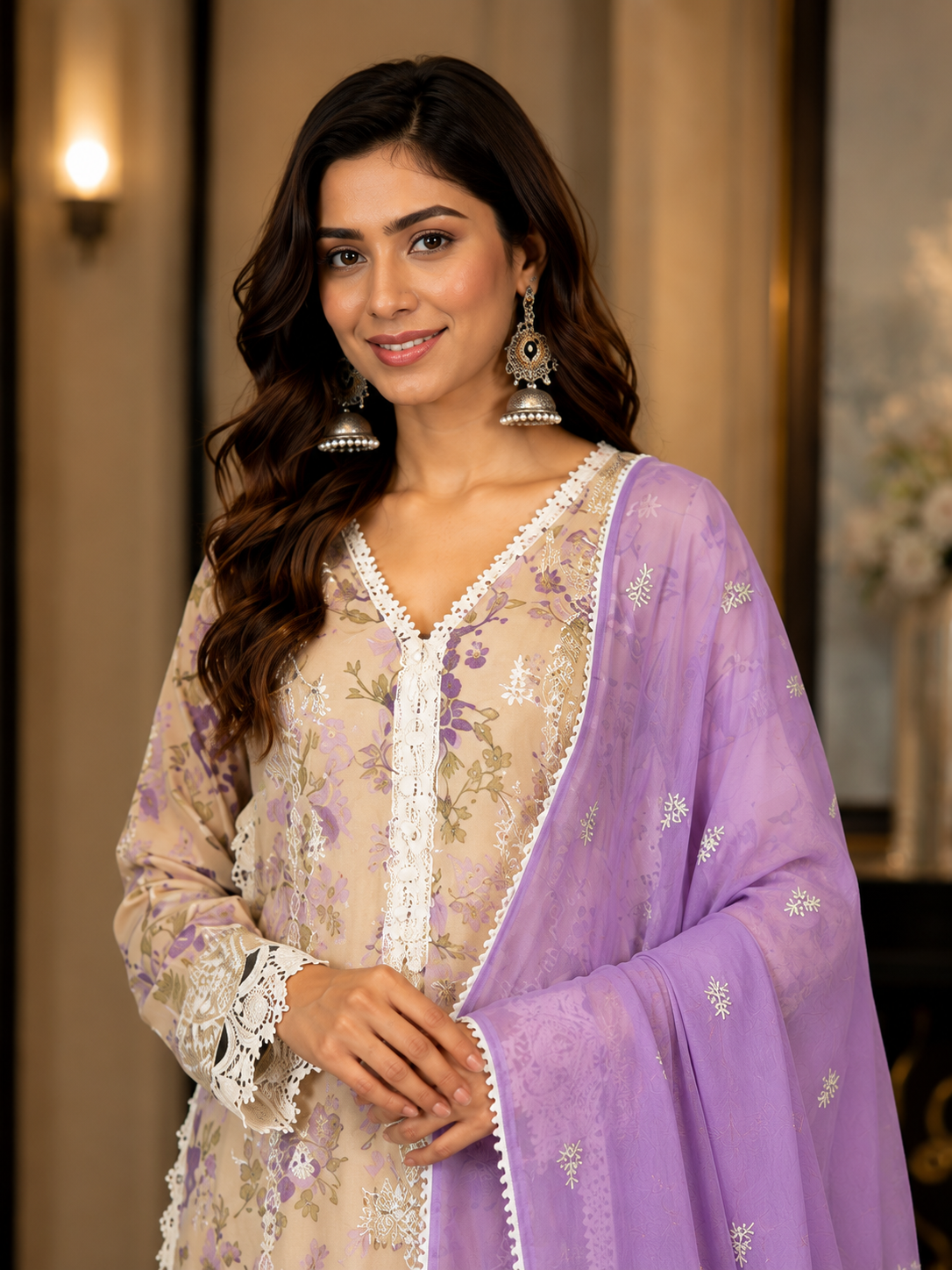 Women's Organza Beige Kurta Set