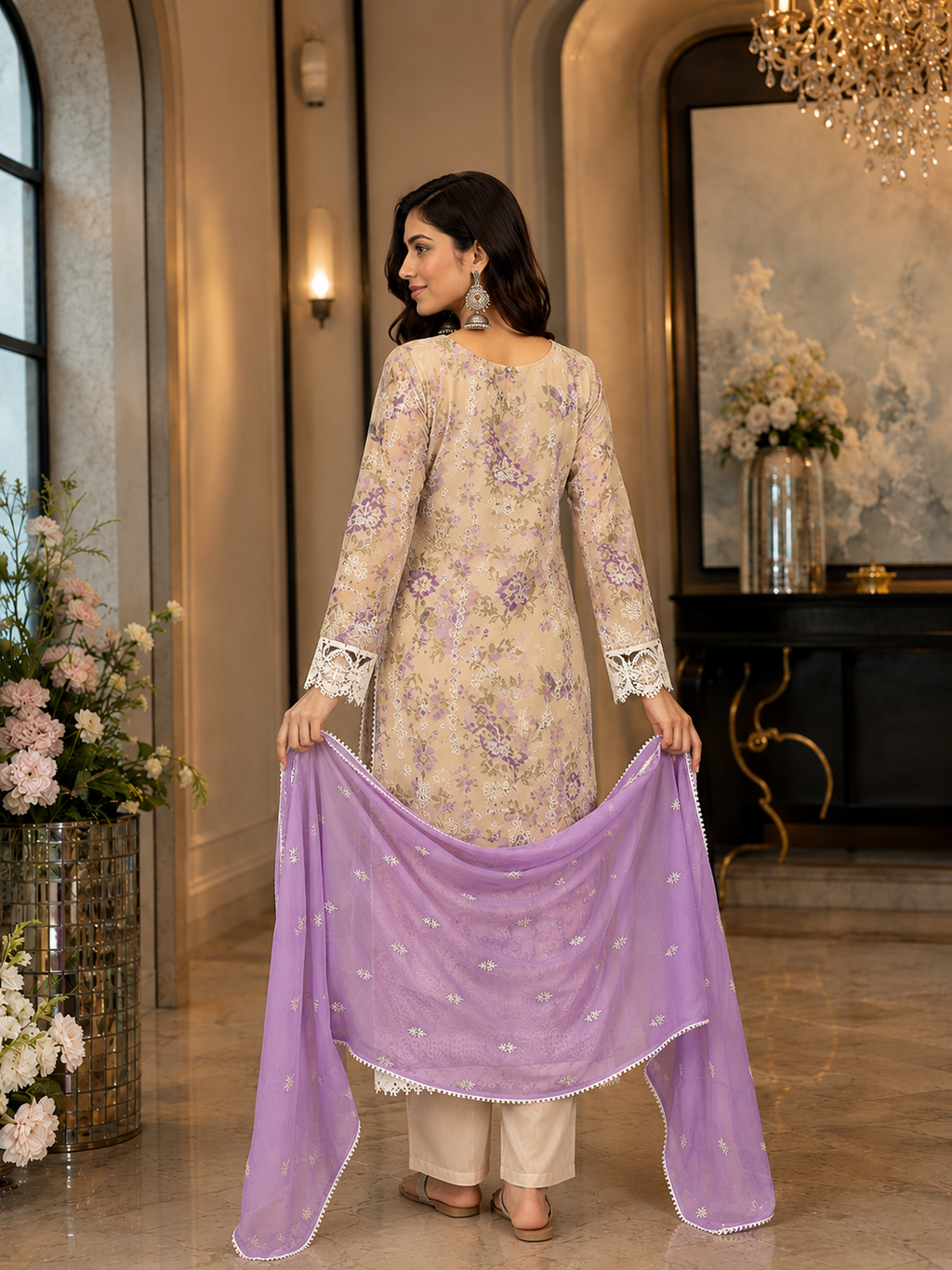 Women's Organza Beige Kurta Set