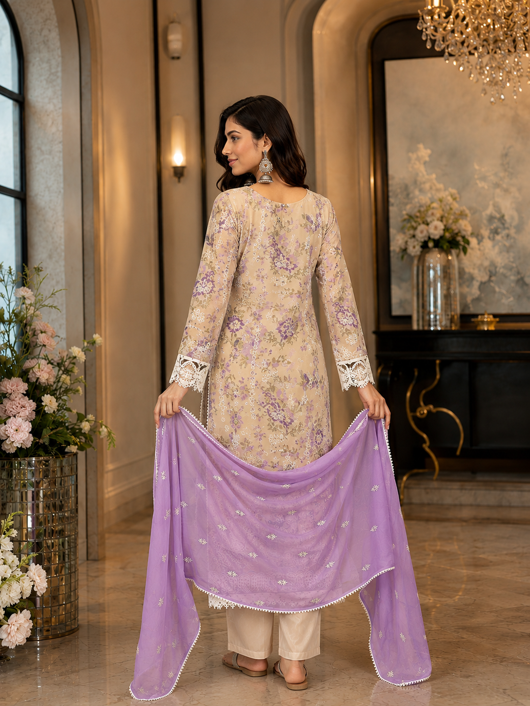 Women's Organza Beige Kurta Set
