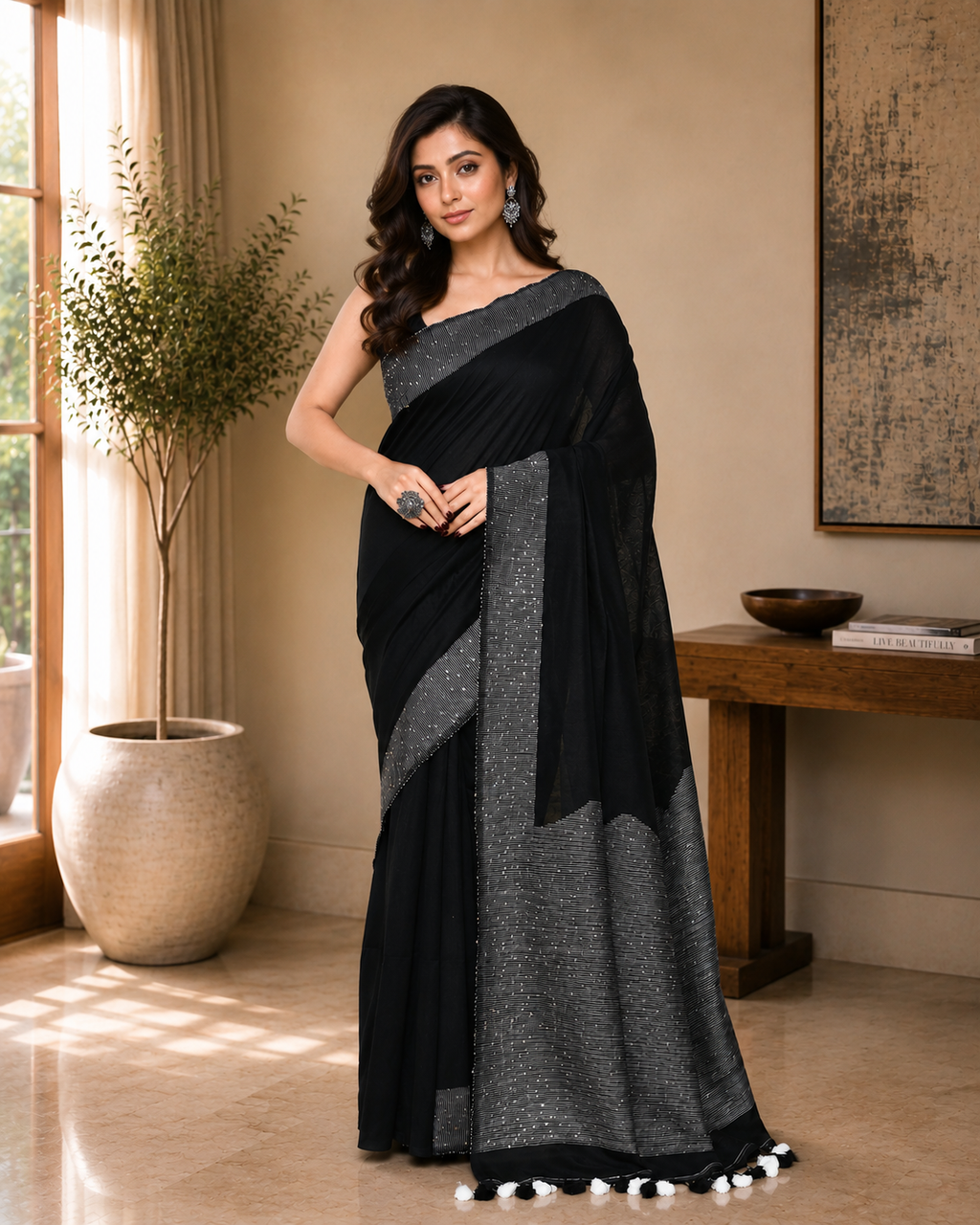 Women Cotton Black Woven  Saree