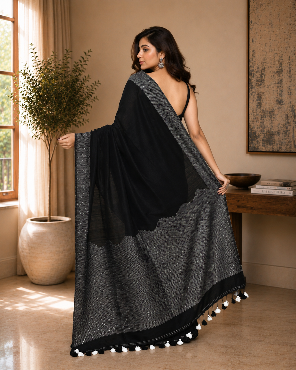 Women Cotton Black Woven  Saree