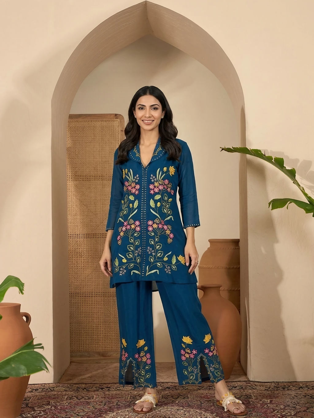 Women Roman Silk Blue Embroidered Stitched Kurta pant set