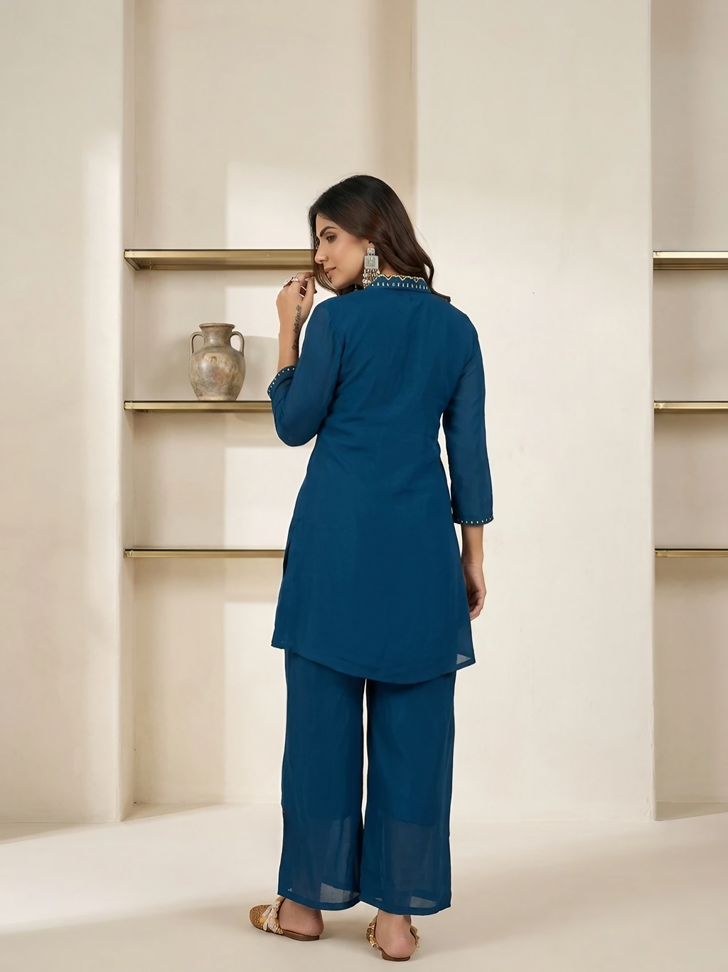 Women Roman Silk Blue Embroidered Stitched Kurta pant set