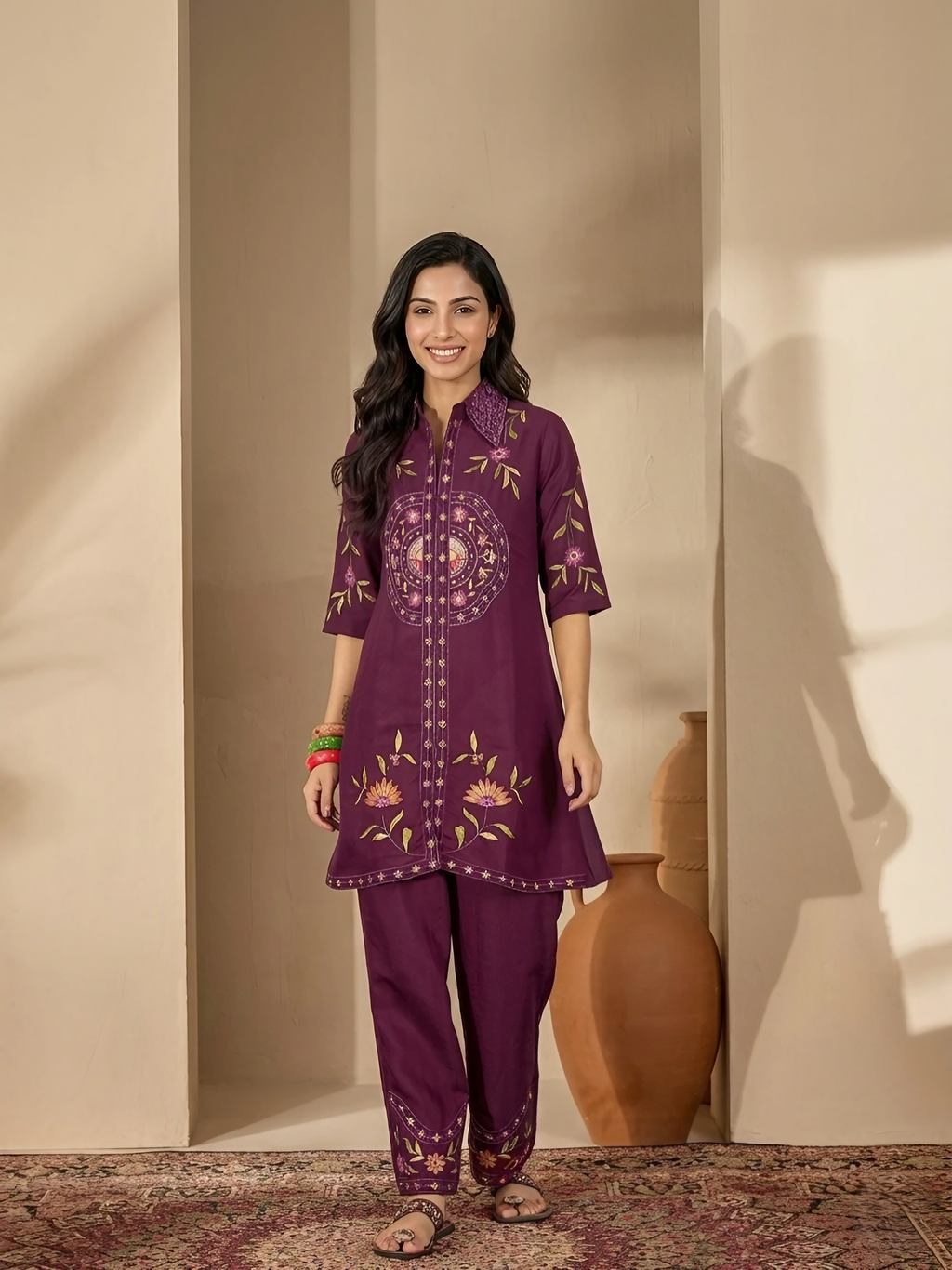 Women Roman Silk Purple Embroidered Stitched Kurta pant set