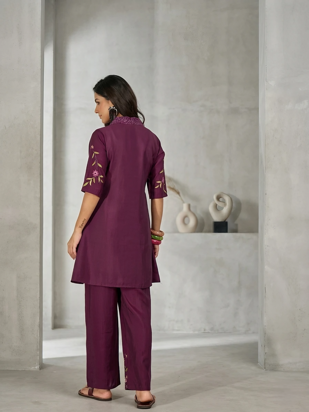 Women Roman Silk Purple Embroidered Stitched Kurta pant set