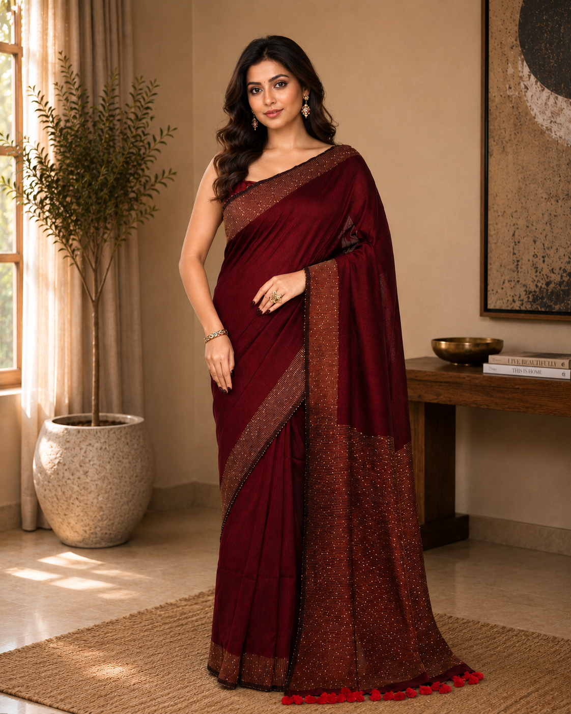 Women Cotton Maroon Woven  Saree
