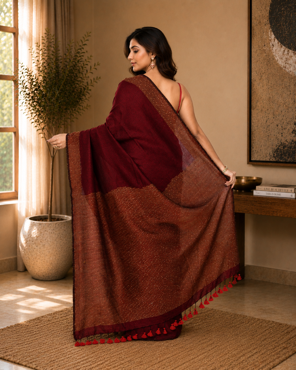 Women Cotton Maroon Woven  Saree