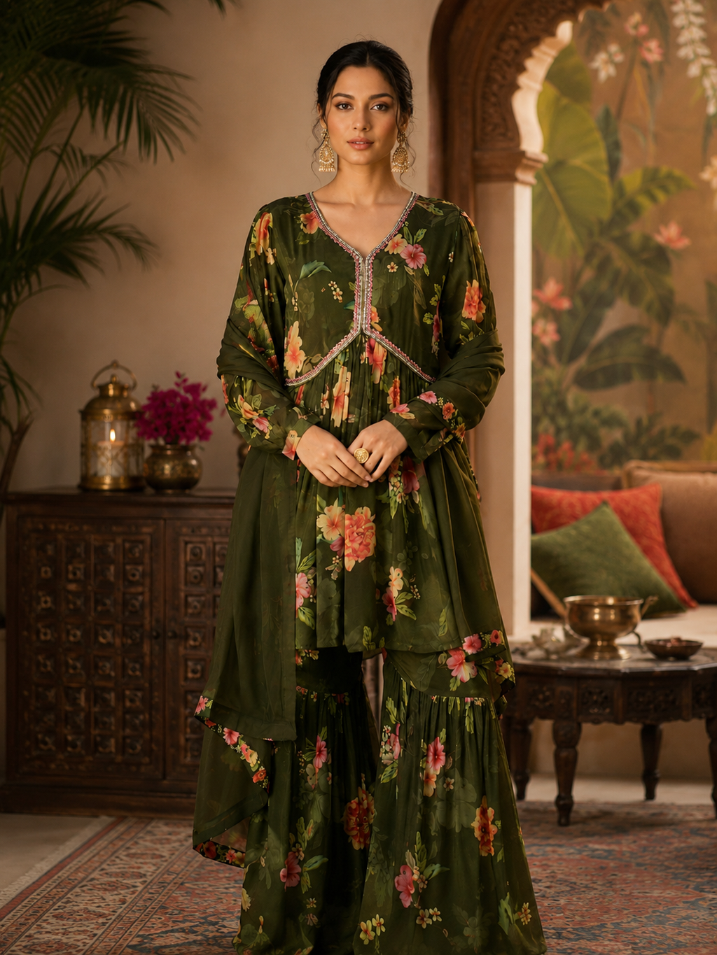 Women's Silk Blend Green Stitched Kurta set
