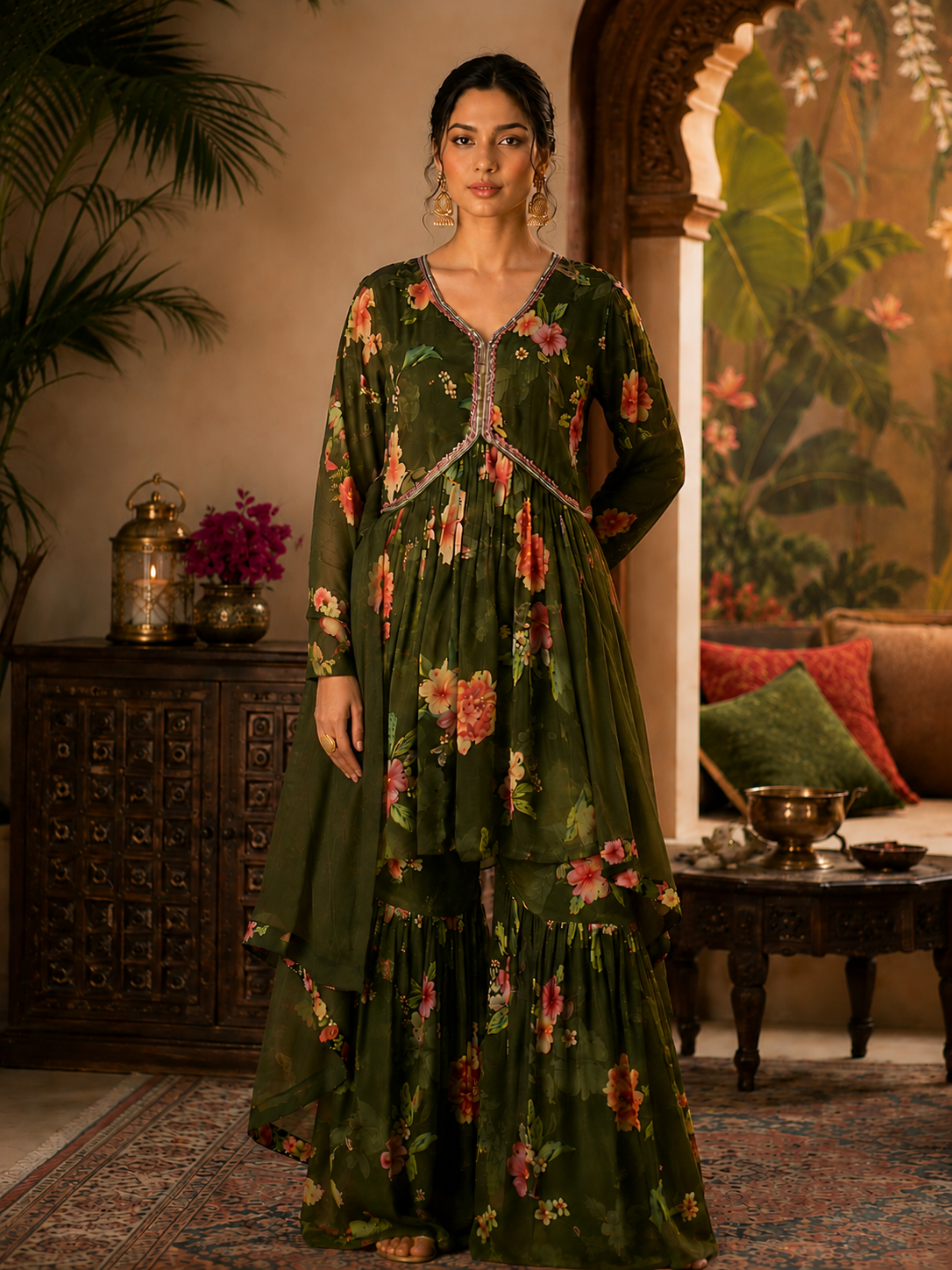 Women's Silk Blend Green Stitched Kurta set