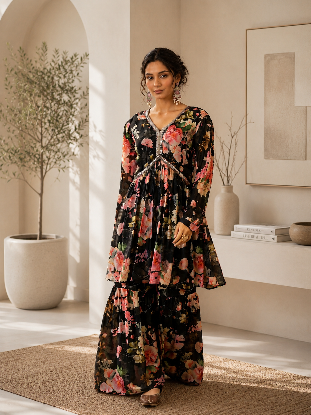 Women's Silk Blend Black Stitched Kurta set