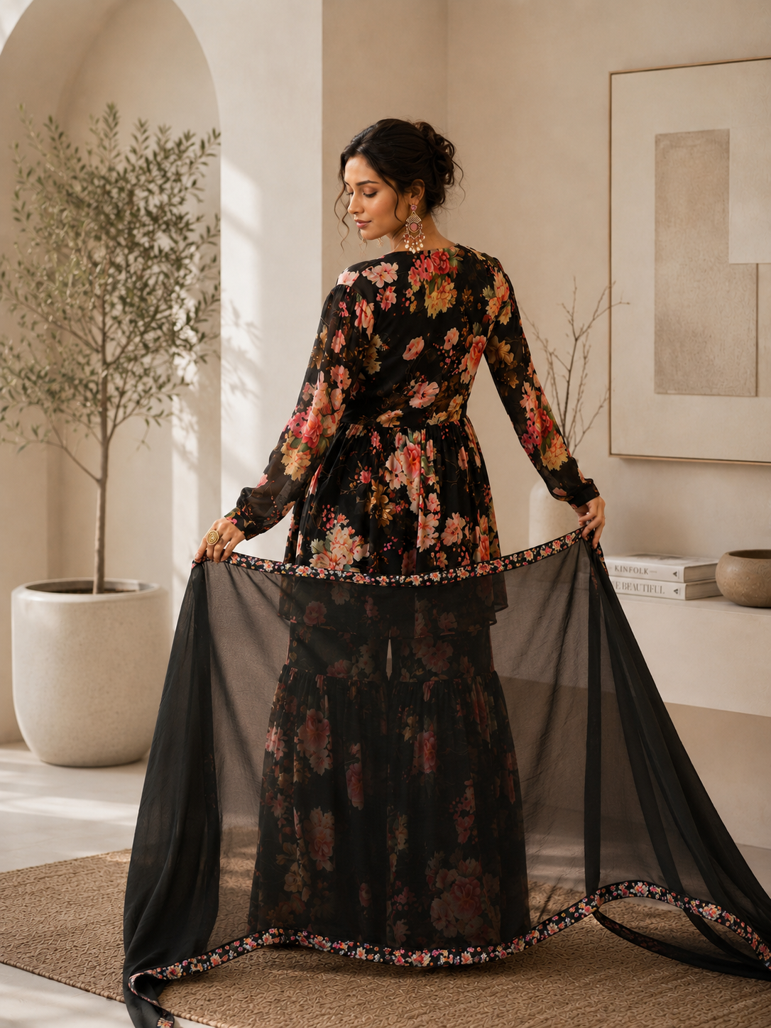 Women's Silk Blend Black Stitched Kurta set