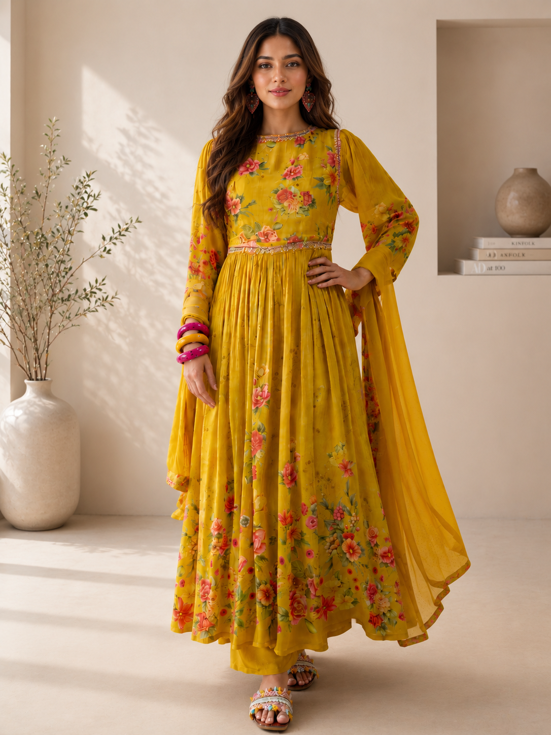 Women's Silk Blend Mustard Stitched Kurta set
