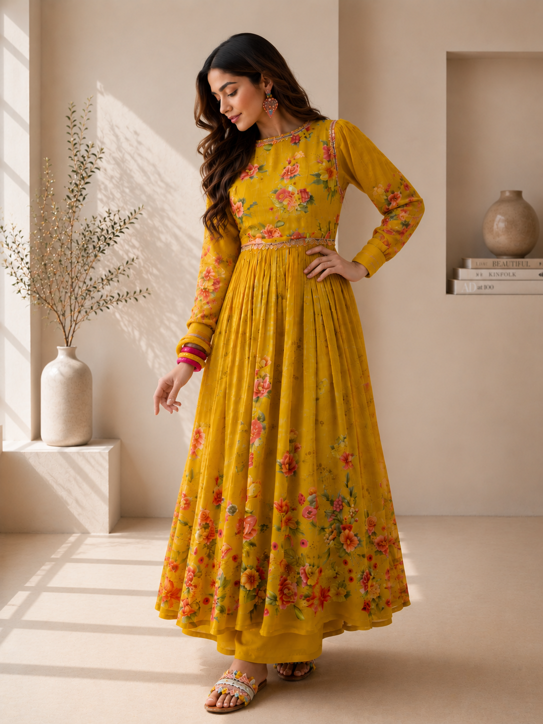 Women's Silk Blend Mustard Stitched Kurta set