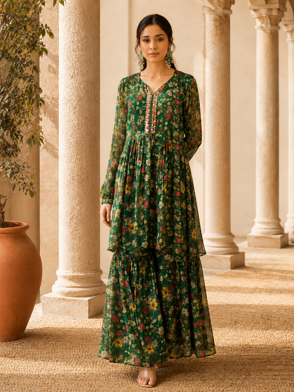 Women's Silk Blend Green Stitched Kurta set
