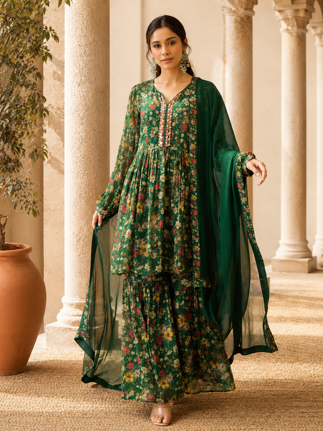 Women's Silk Blend Green Stitched Kurta set
