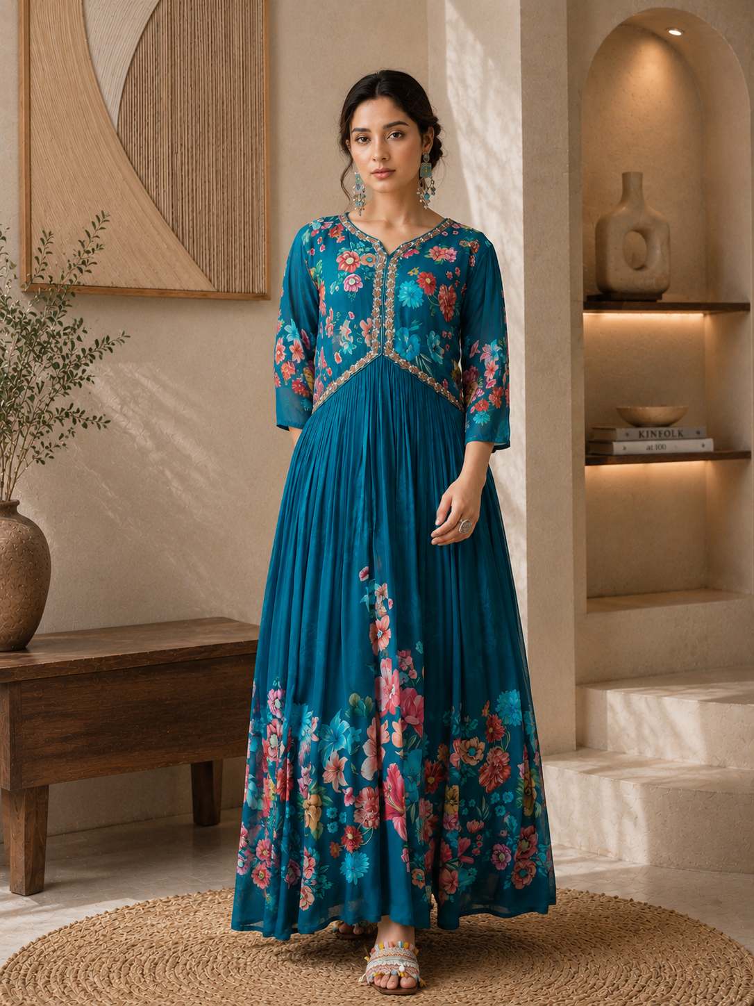 Women's Silk Blend Teal Stitched Kurta set