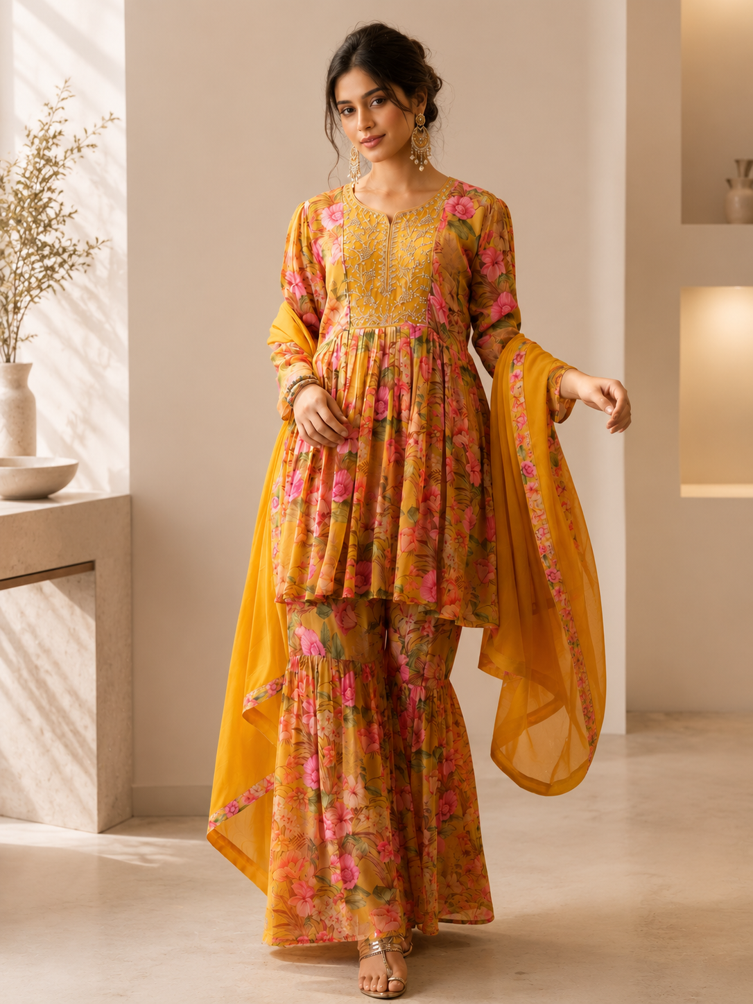 Women's Silk Blend Mustard Stitched Kurta set