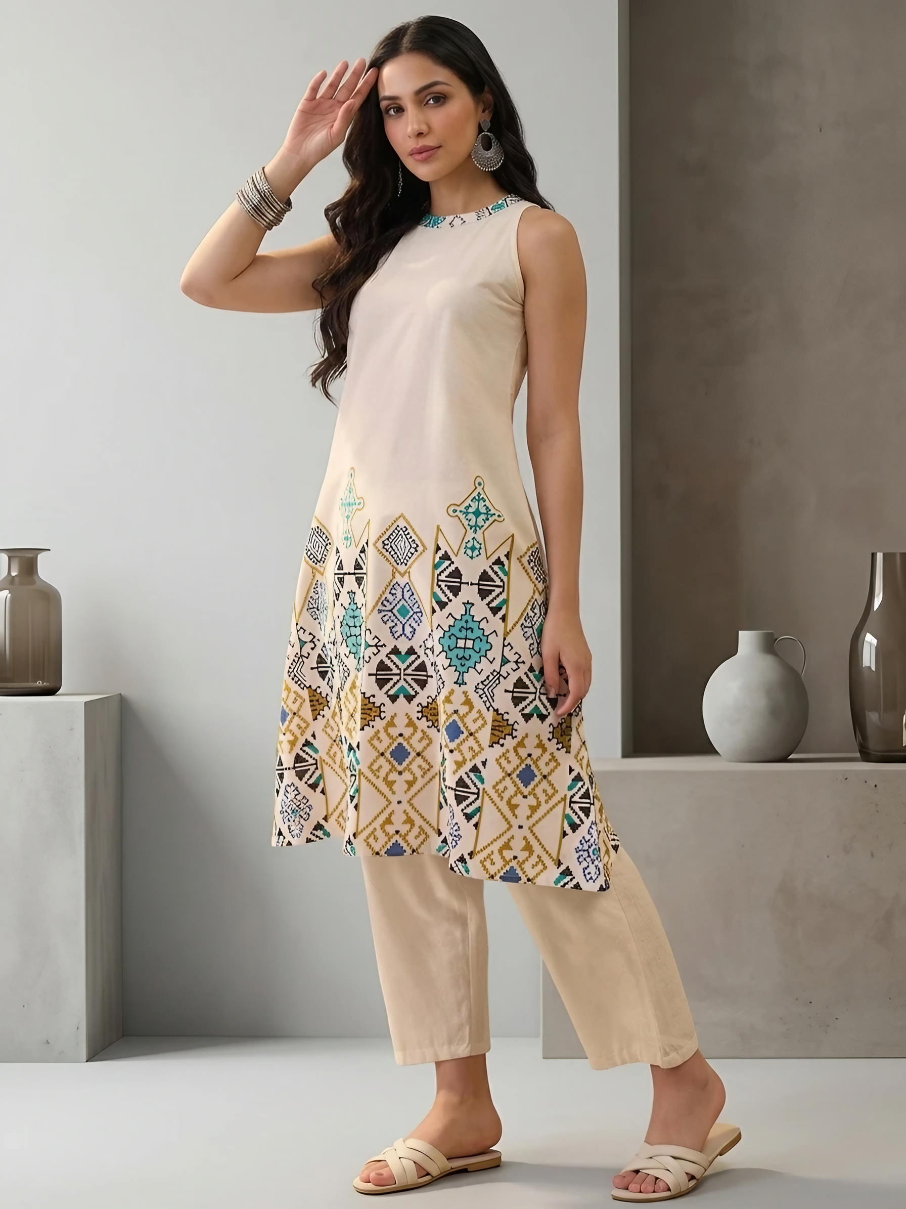 Women Cotton Cream Printed Stitched Kurti