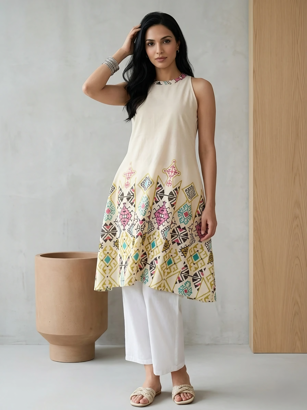 Women Art  Silk Cream Printed Stitched Kurta pant set