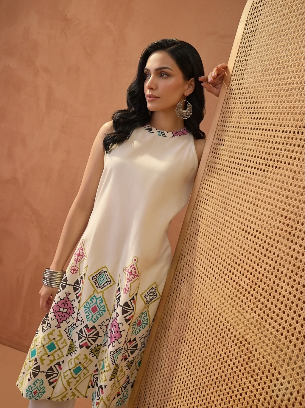 Women Art  Silk Cream Printed Stitched Kurta pant set
