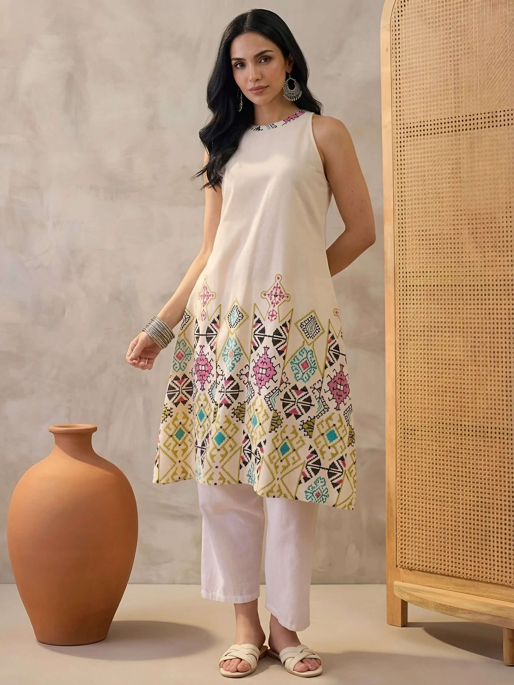 Women Art  Silk Cream Printed Stitched Kurta pant set