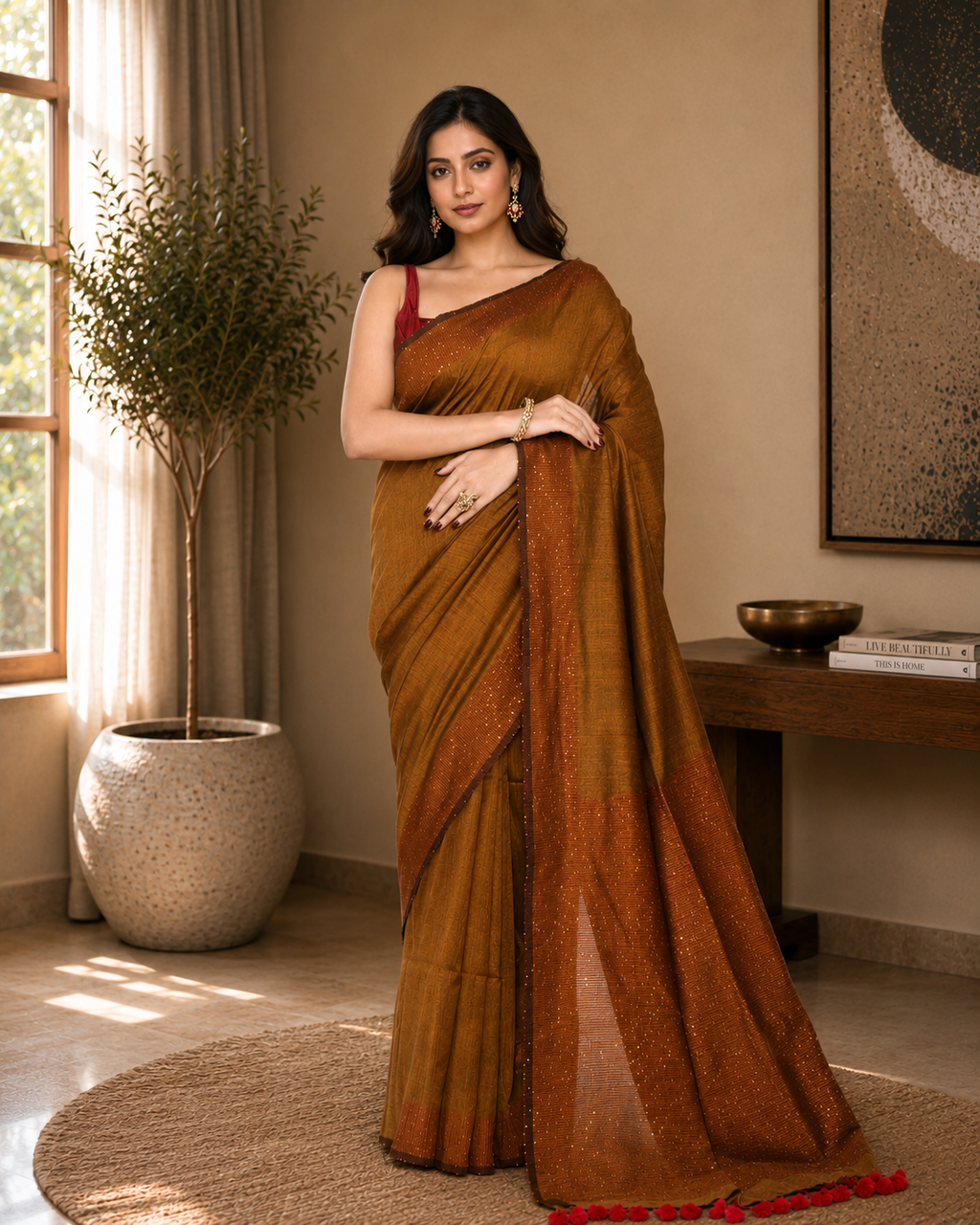 Women Cotton Bronze Woven  Saree