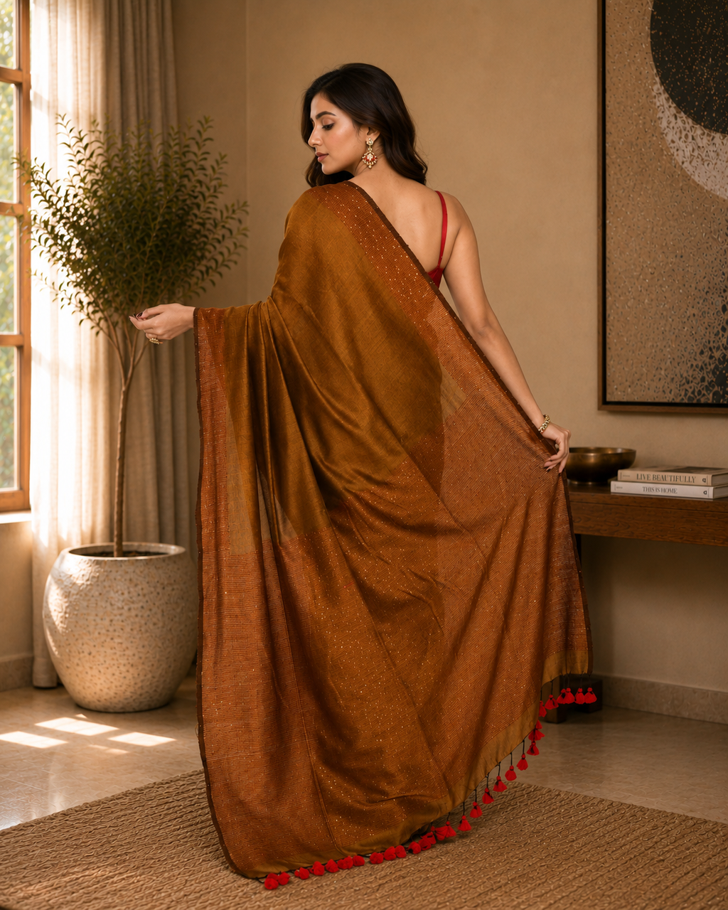 Women Cotton Bronze Woven  Saree
