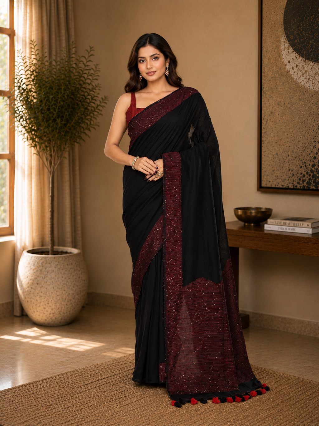 Women Cotton Black Woven  Saree