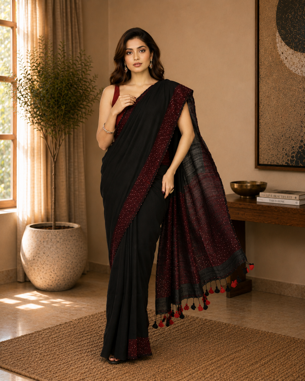 Women Cotton Black Woven  Saree