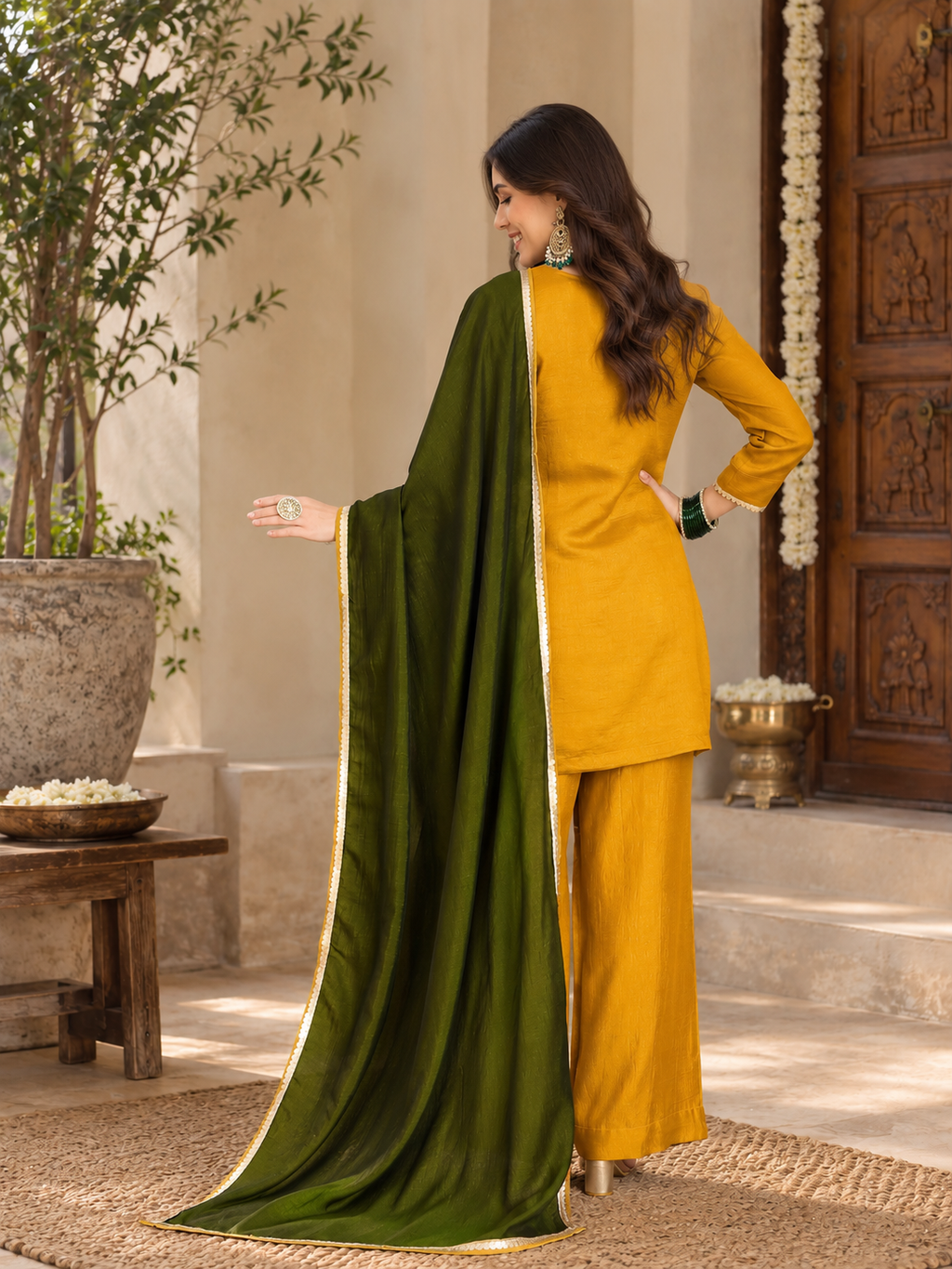 Women Mustard Vichitra Silk Embroidered Kurta set