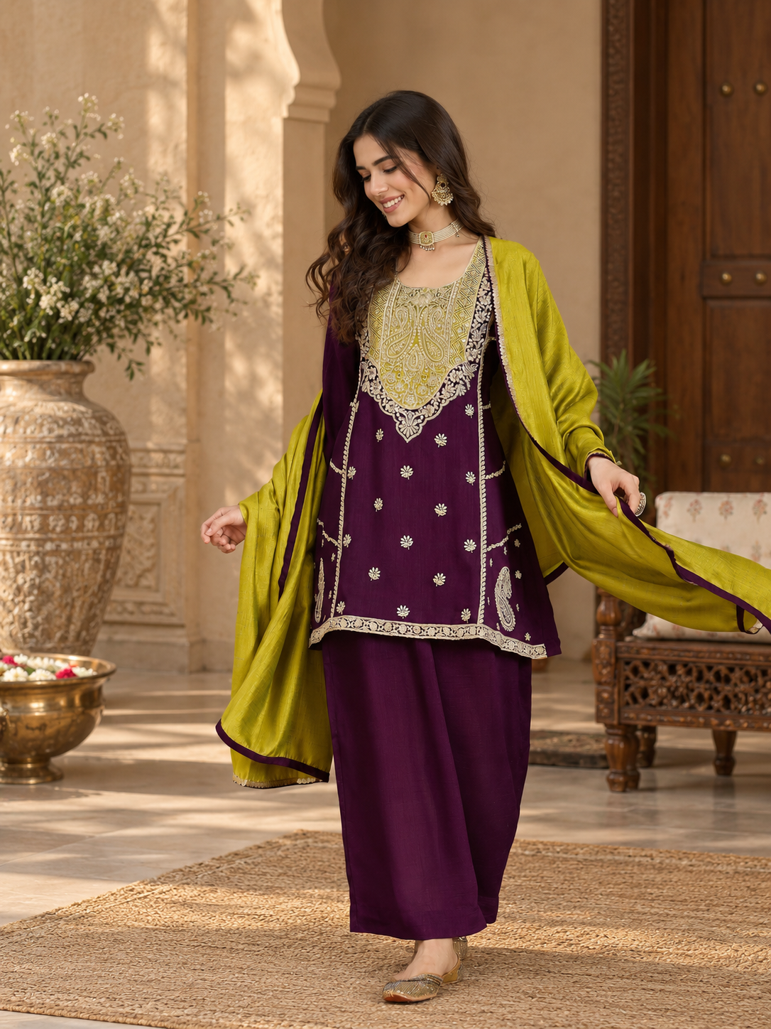 Women Purple Vichitra Silk Embroidered Kurta set